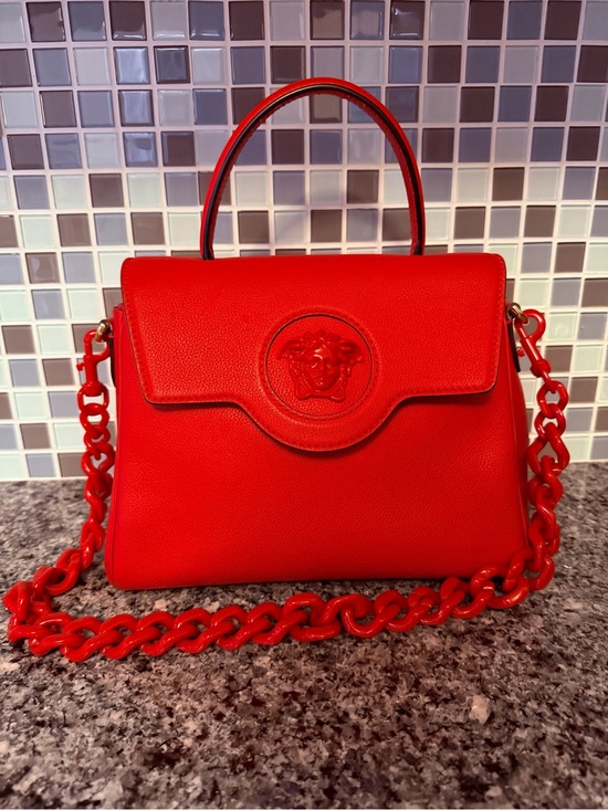 Versace Handbags - Versace Bright Red Leather Top-Handle Satchel with Chain Strap
